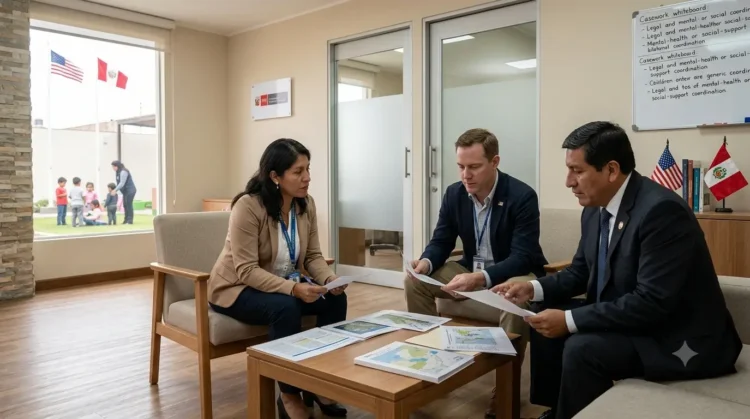 AI-generated photograph-style image of U.S. and Peruvian officials coordinating child protection and survivor support services.