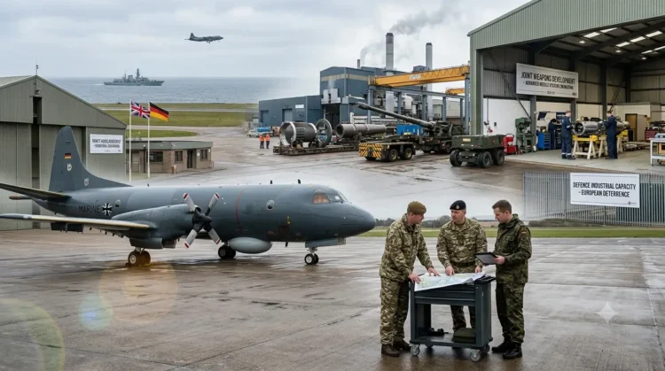 AI-generated photograph-style image of British and German personnel coordinating maritime patrol, weapons development and defence production.