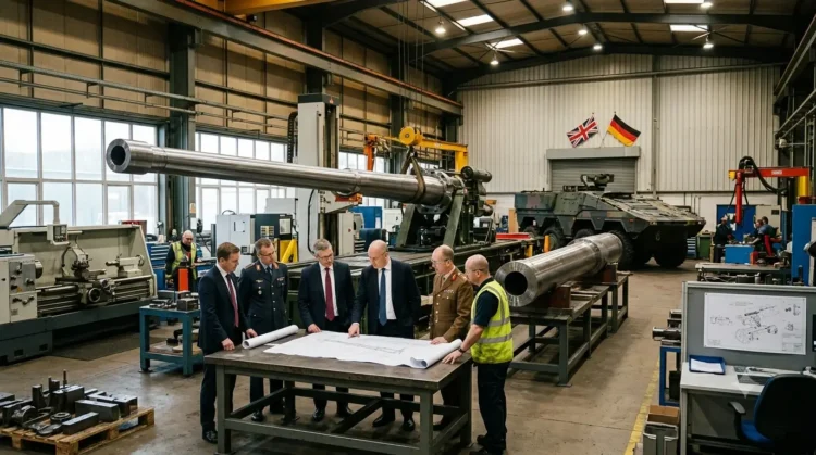 AI-generated photograph-style image of British and German officials reviewing artillery production inside a defence manufacturing facility.