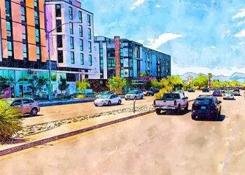 View of Speedway for the Community Corridors Tool Draft Report. Artwork by the Planning and Development Services Department. City of Tucson.