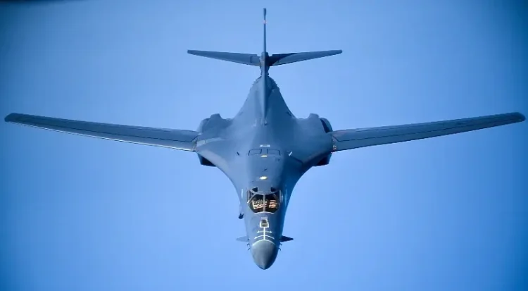 An Air Force B-1B Lancer flies in the U.S. Central Command’s area of operations from Al Udeid Air Base, Qatar, Oct. 25, 2019. Photo by Master Sgt DeMotts.