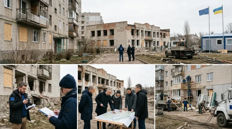 AI-generated photograph-style image of EU and Ukrainian teams documenting war damage and coordinating reconstruction in a residential district.
