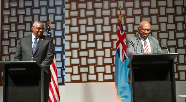 Secretary of Defense Lloyd J. Austin III holds a press conference alongside Fijian Prime Minister Sitiveni Rabuka in Fiji, Nov. 23, 2024. Photo by Sgt Jack Sunders.