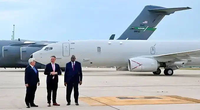 Secretary of Defense Lloyd J. Austin III tours Royal Australian Air Force Base Darwin with Australian Defense Minister Richard Marles and Japanese Defense Minister Nakatani.