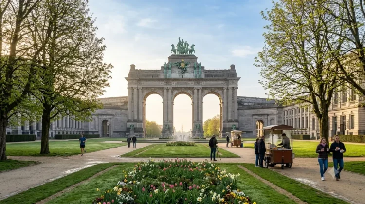 AI-generated photograph-style image of Brussels’ Parc du Cinquantenaire with its triumphal arch, spring flowers and waffle vendors.