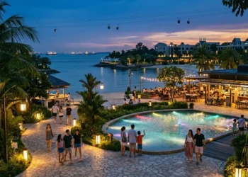 AI-generated photograph-style image of families and visitors enjoying illuminated waterfront paths, dining and cable cars on Sentosa Island at dusk.
