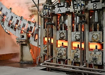 NEURONE project billet leaving the caster and entering the product straightener in Steel Production. Photo by Materials Processing Institute.