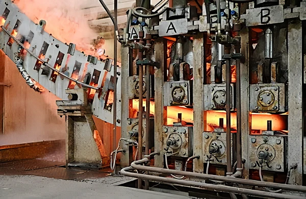 NEURONE project billet leaving the caster and entering the product straightener in Steel Production. Photo by Materials Processing Institute.