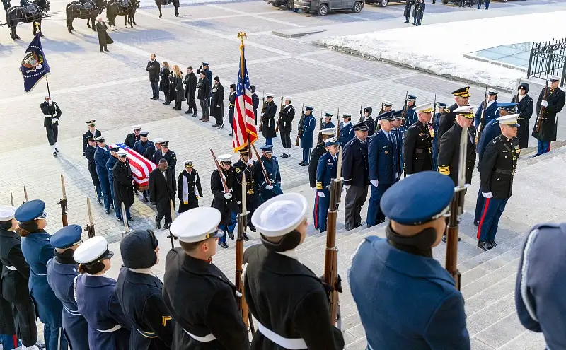 Service members assigned to the Joint Task Force National Capital Region Ceremonial Honor Guard carry President Jimmy Carter's casket into the U.S. Capitol, Jan. 7, 2025. Photo by Kauffman.