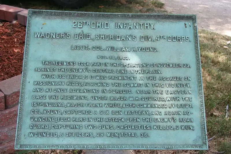 A historical marker that celebrates the 26th Ohio Volunteer Infantry's assault on Missionary Ridge.. Photo by the Historical Marker Database.