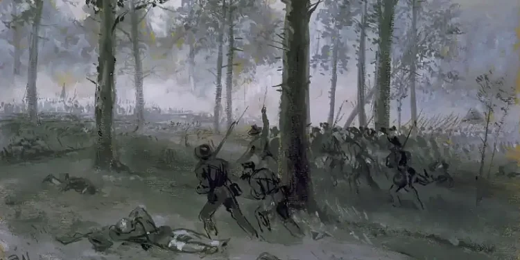 Alfred Rudolph Waud's painting of the forested battlefield at Chickamauga, Ga., which depicts Confederate soldiers advancing through trees. Artwork from the Library of Congress.