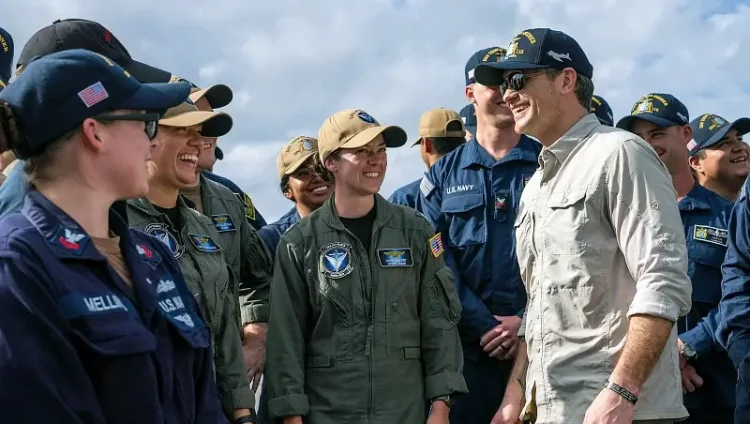 Defense Secretary Pete Hegseth meets with sailors assigned to the guided-missile destroyer USS Hudner during his visit to Naval Station Guantanamo Bay, Cuba, Feb. 25, 2025. Photo NPO Kubita.