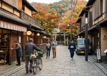 AI-generated photograph-style image of residents and visitors exploring a traditional Kyoto street during the autumn season.