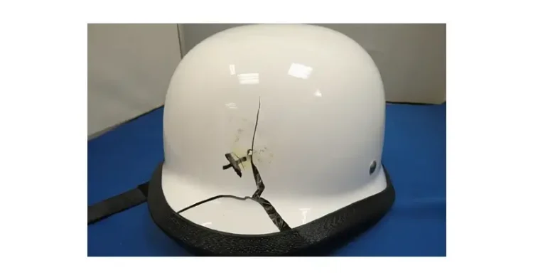 Motorcycle Helmet Damage. Photo by Driver and Vehicle Standards Agency.