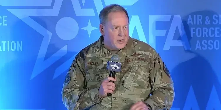 Air Force Gen. James B. Hecker, commander of U.S. Air Forces in Europe, speaks at Air and Space Forces Association Warfare Symposium in Aurora, Colo., March 4, 2025. Photo Screen Capture by DOD.