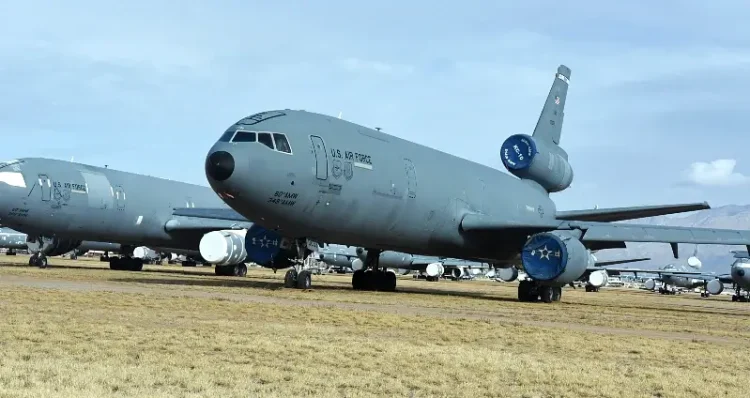 Air Force KC-10s are stored in rows at the 309th Aerospace Maintenance and Regeneration Group at Davis-Monthan Air Force Base in Tucson, Ariz., Feb. 12, 2025. Photo by D. Vergun.