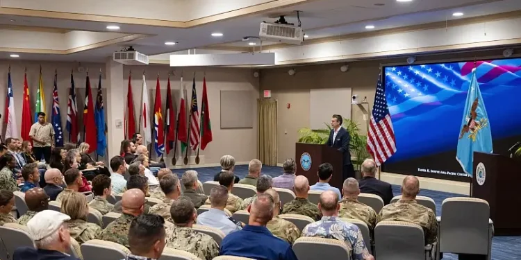 Defense Secretary Pete Hegseth delivers remarks at the Daniel K. Inouye Asia-Pacific Center for Security Studies in Honolulu, March 25, 2025. Photo by Air Force M Keech.