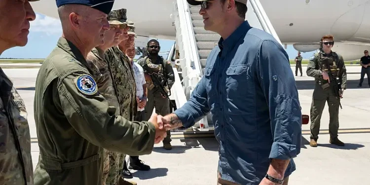 Defense Secretary Pete Hegseth shakes hands with senior leaders at Andersen Air Force Base, Guam, March 27, 2025. Photo by M Keech.
