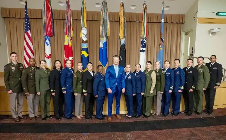 Defense Secretary Pete Hegseth stands with military mentors participating in the United States Senate Youth Program at the Pentagon, March 7, 2025. Photo by Senior airman M. Keech.