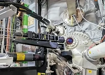 Diagnostic equipment on the MAST Upgrade machine measuring the magnetic field inside the plasma. Photo by the UK Atomic Energy Authority.