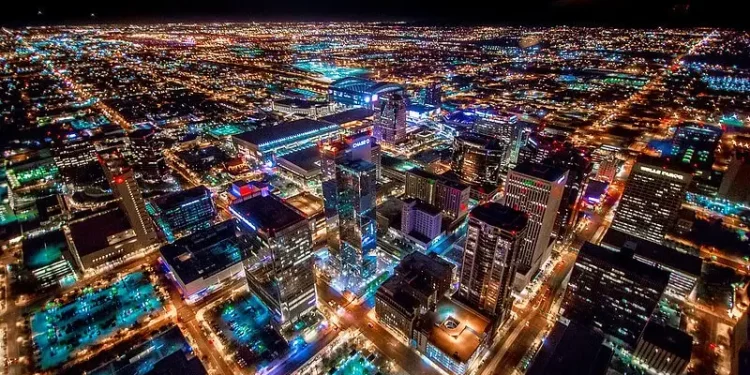 Phoenix Arizona Downtown Night Aerial Photo from Helicopter. Photo by Jerry Ferguson.