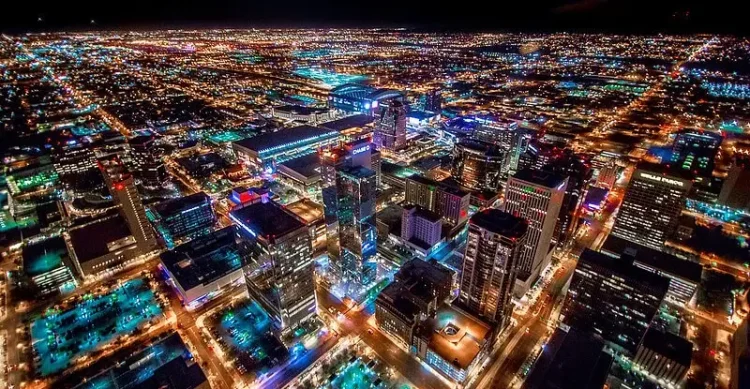 Phoenix Arizona Downtown Night Aerial Photo from Helicopter. Photo by Jerry Ferguson.