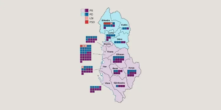 Results of the Albanian parliamentary election in 2021. Map by Furfur.
