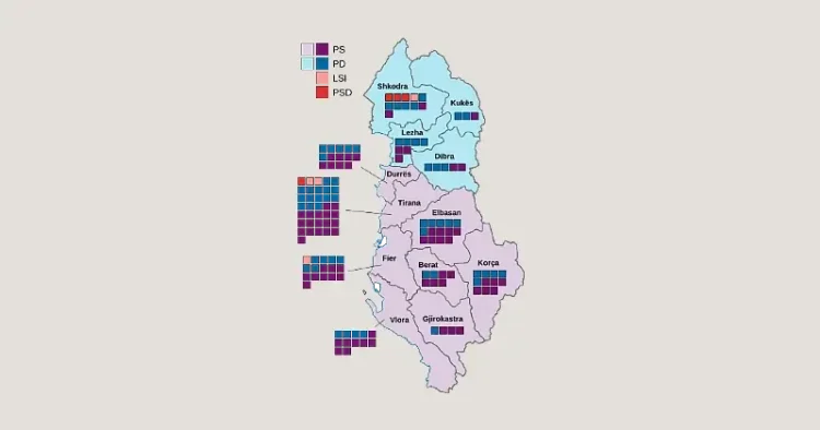 Results of the Albanian parliamentary election in 2021. Map by Furfur.