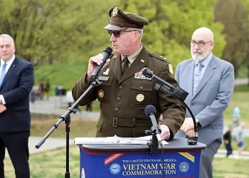 Retired Army Maj. Gen. Edward J. Chrystal, spoke March 29, 2025, during the National Vietnam War Veterans Day commemoration at the Vietnam Veterans Memorial in Washington. Photo by Lopez.