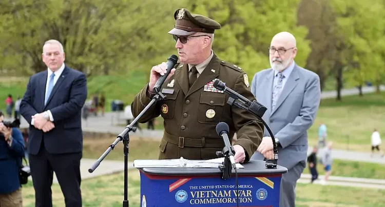 Retired Army Maj. Gen. Edward J. Chrystal, spoke March 29, 2025, during the National Vietnam War Veterans Day commemoration at the Vietnam Veterans Memorial in Washington. Photo by Lopez.