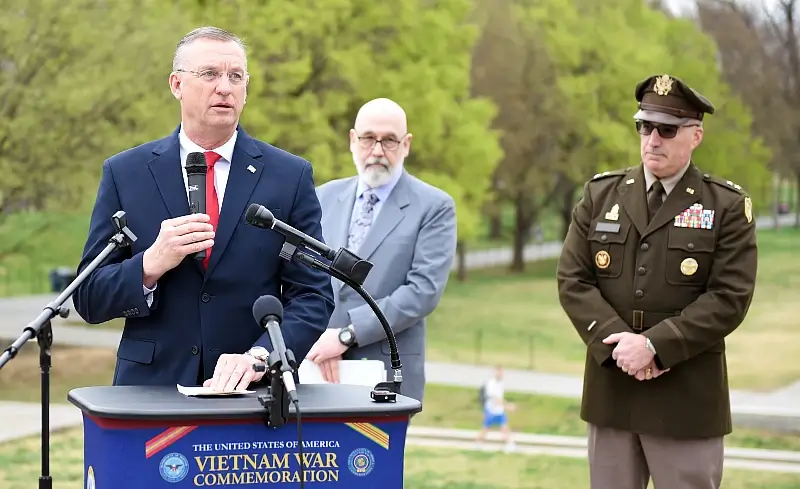 Secretary of Veterans Affairs Doug Collins spoke March 29, 2025, during the National Vietnam War Veterans Day commemoration at the Vietnam Veterans Memorial in Washington.. Photo by Lopez.