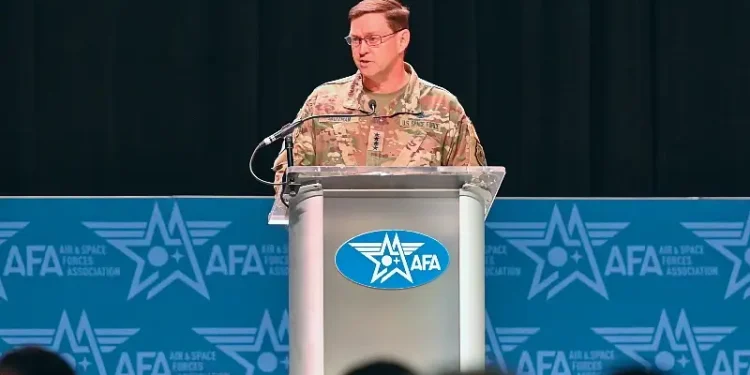 Space Force Gen. Chance Saltzman, speaks to guardians, airmen, industry partners and elected officials during the Air and Space Forces Association Warfighter Symposium in Aurora, Colo. Photo by Space Force.