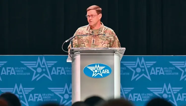 Space Force Gen. Chance Saltzman, speaks to guardians, airmen, industry partners and elected officials during the Air and Space Forces Association Warfighter Symposium in Aurora, Colo. Photo by Space Force.