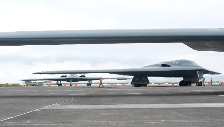 Three B-2 Spirit bombers taxi into place on the flight line at Keflavik Air Base, Iceland, Aug. 31, 2021. Photo by Master Sgt. Hillier.