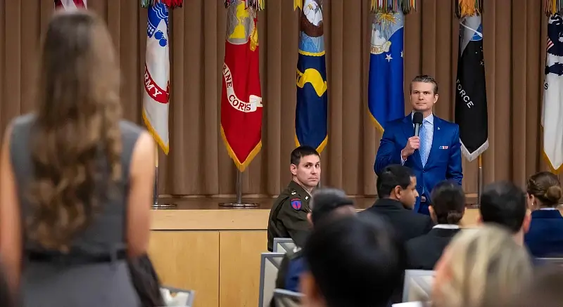 Youth Program students ask Defense Secretary Pete Hegseth questions about government and military service. Photo by Airman M. Keech.