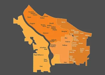 Map of Portland's new City Council districts, the first name of each victim is placed in the approximate location where the crash occurred in 2024. Map by PBOT