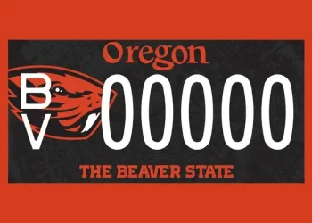 New OSU Beaver license plate beginning April 7. Artwork by the Oregon Department of Transportation