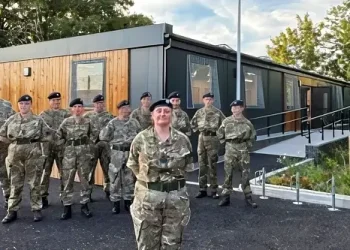 Cadets and Cadet Force Adult Volunteers outside their new Joint Cadet Centre in Caldicot. Photo by the RFCA for Wales.