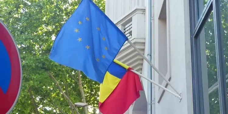 Consulatul General al Romaniei - Rue de Bonnel, Lyon - EU and Romanian flags. Photo by Elliot Brown.