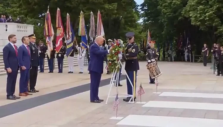 President Donald J. Trump lays a wreath at the Tomb of the Unknown Soldier in Arlington National Cemetery, Va., May 26, 2025. With him VP JD Vance and Defense Secretary Pete Hegseth. Photo by DOD.