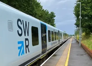 South Western train at a station. Photo by DfT Operator Limited.