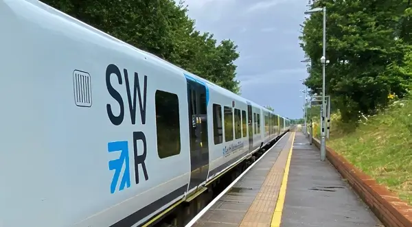 South Western train at a station. Photo by DfT Operator Limited.