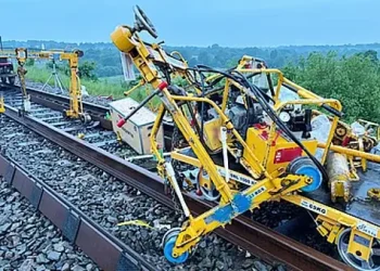 The trolley and rail-moving equipment following the collision. Photo by Rhomberg Sersa Rail Group.