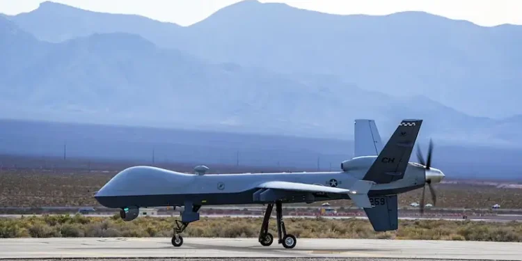 An Air Force MQ-9 Reaper remotely piloted aircraft, assigned to the 432nd Wing, taxis toward the runway at Creech Air Force Base, Nev., April 15, 2025. Photo by the US Dept. of Defense.