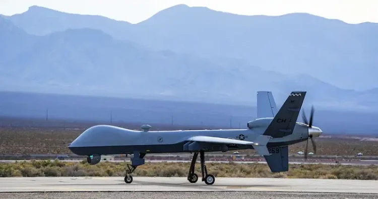 An Air Force MQ-9 Reaper remotely piloted aircraft, assigned to the 432nd Wing, taxis toward the runway at Creech Air Force Base, Nev., April 15, 2025. Photo by the US Dept. of Defense.