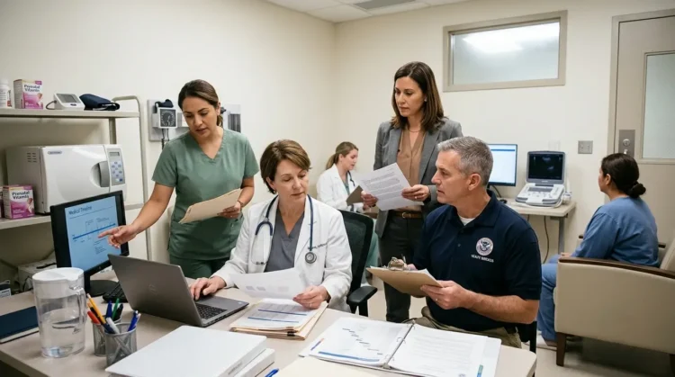 AI-generated photograph-style image of medical staff and DHS personnel reviewing prenatal care and detainee health records at a secure clinic.