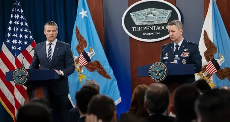 Defense Secretary Pete Hegseth and Chairman of the Joint Chiefs of Staff Air Force Gen. Dan Caine participate in a press briefing at the Pentagon, June 22, 2025. Photo by NPO Kubitza.