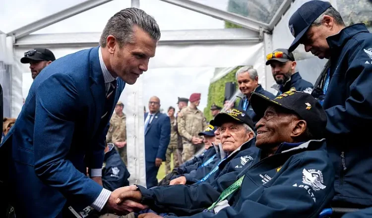 Defense Secretary Pete Hegseth meets with World War II veterans at the Normandy American Cemetery in Colleville-sur-Mer, France, June 6, 2025. Photo by NPO Kubitza.