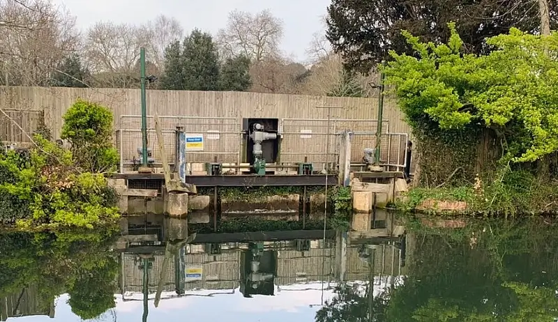 Smolt are struggling to get past water control barriers on the River Itchen like Woodmill sluice. Photo by the Environment Agency.