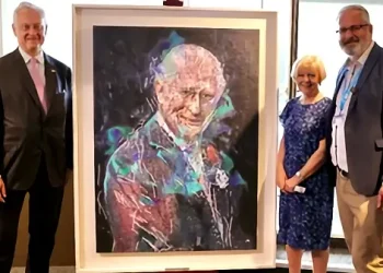 Ai Da Robot painting of His Majesty King Charles III. Photo by UK Mission to the WTO.